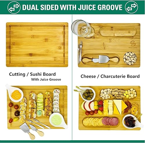 Miniatura 3 de Tabla de queso de bambú con cuchillo, cuenco, juego de tenedores, plato de madera para charcutería y bandeja para servir alimentos para copas de