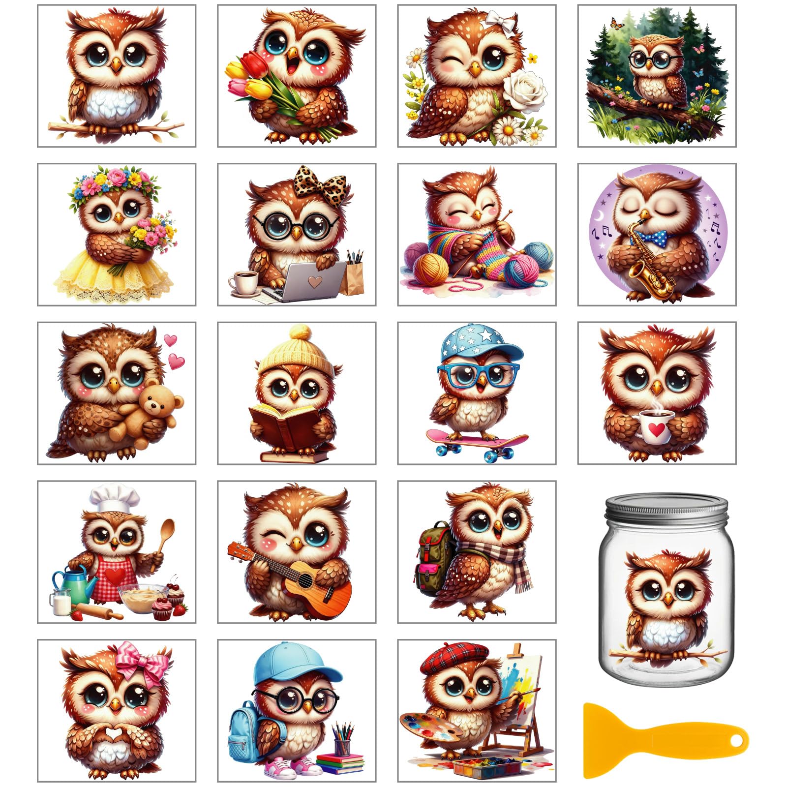 GLOBLELAND 18 Sheets Cute Owl Rub on Transfers Owls Transfer Stickers Decals Watercolor Cartoon Animal Cup Stickers Decals for Furniture Vase Glass Bottle Table Decor