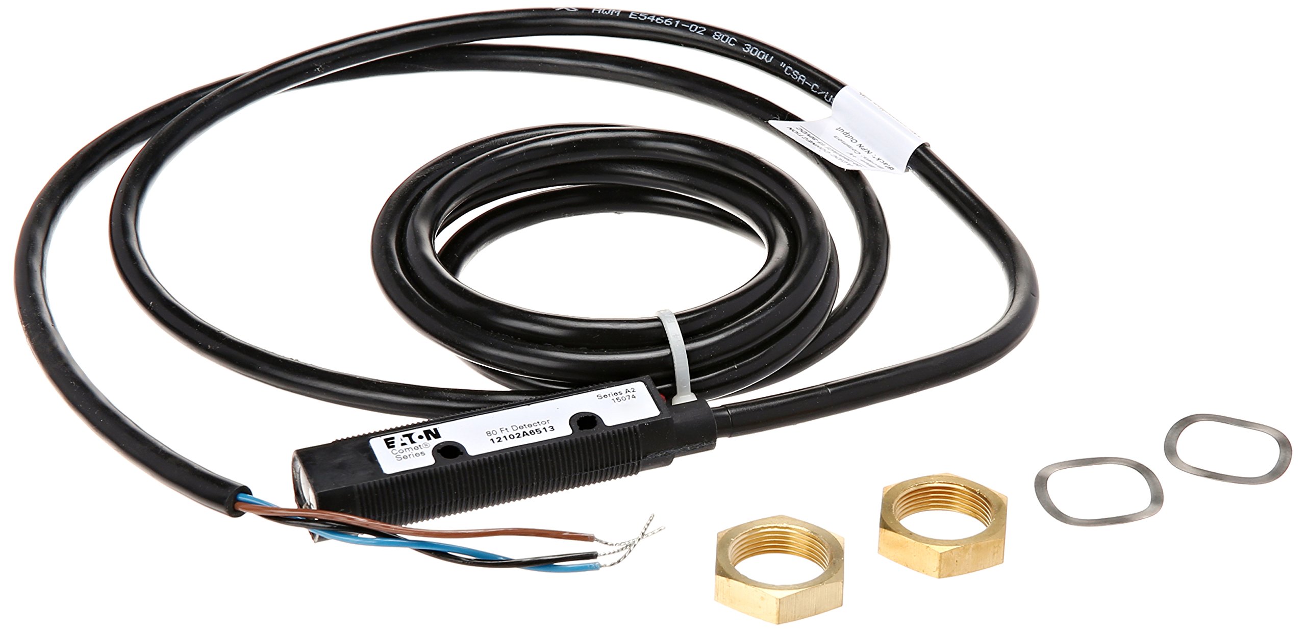 Eaton 12102A6513 Comet Series Photoelectric Sensor, Thru-Beam Mode, VMOS/NPN 300mA Output Type, 65ft Cable Connection, 80ft Range, 15-30 VDC/20-264 VAC Input Voltage