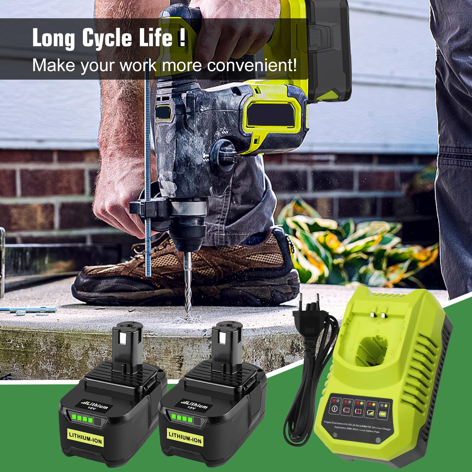 Batería de repuesto 18 V 5,5 Ah y cargador BCL14181H 9,6 V-18 V compatible con Ryobi 18 V. Repuesto para Ryobi P108 P189 P190