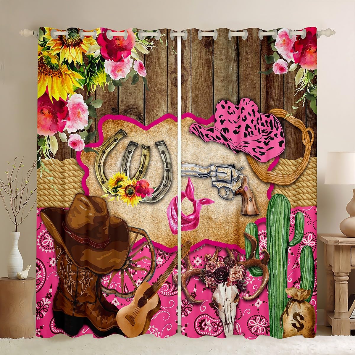 Pink Cowgirl Blackout Window Drapes,Western Cowboys Horseshoe Hat Rustic Home Decor Curtains,Pink Paisley Milk Cow Print Farm Barn Durable Blackout