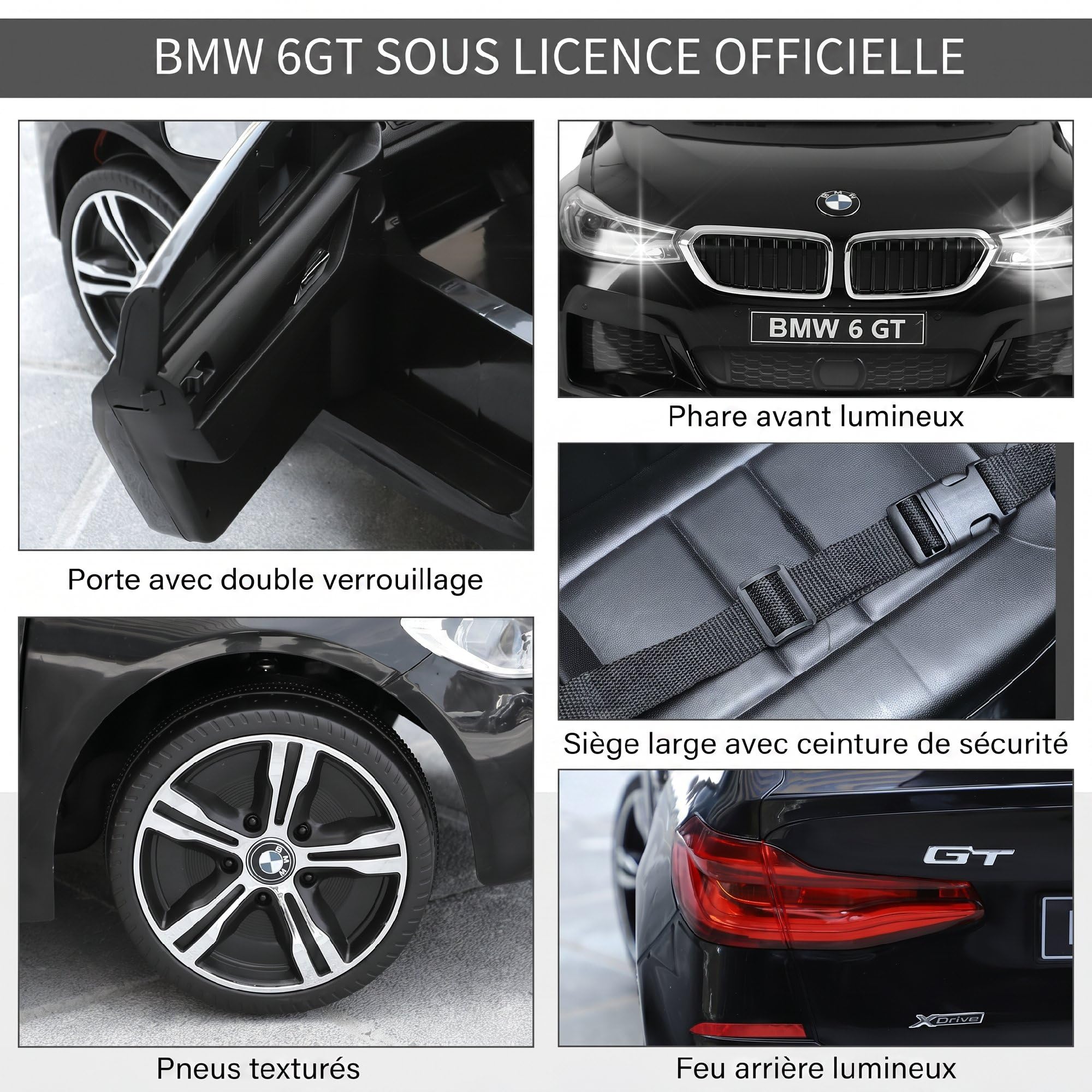 HOMCOM Voiture Électrique Enfants 6 V Télécommande Incluse Noir BMW 6 GT | 3 Km/h Max., Effets Sonores et Lumineux