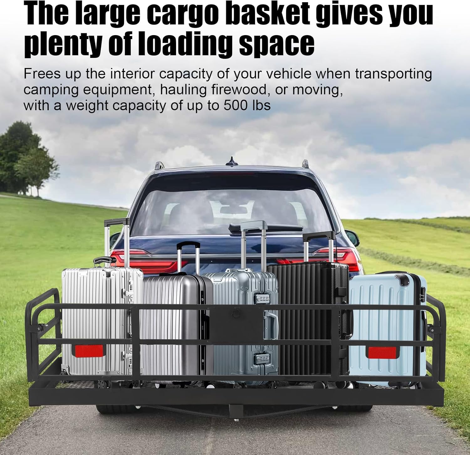 Trailer Hitch Cargo Rack, Folding Hitch Mount Cargo Carrier with High Side Rails, Cargo Carrier Fits 2" Receiver for RV Truck SUV Van, 500 lbs Weight Capacity, 60" L×24" W×14.9" H