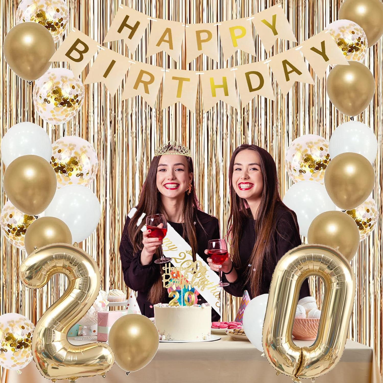 Trgowaul Happy 20th Birthday Decorations for Girls, Banner, Sash and Crown, Cake Topper, 20 Number Balloon, Fringe Curtains, Champagne Gold 20th Birthday Party Supplies