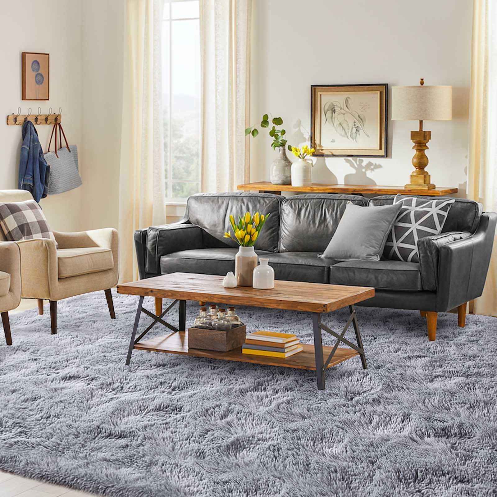 FinRèc 5x7 Feet Light Grey Rugs for Bedroom Living Room, Soft Fuzzy Shaggy Area Rug, Non-Slip Fluffy Furry Shag Rug for Nursery Kids Room Dorm Room