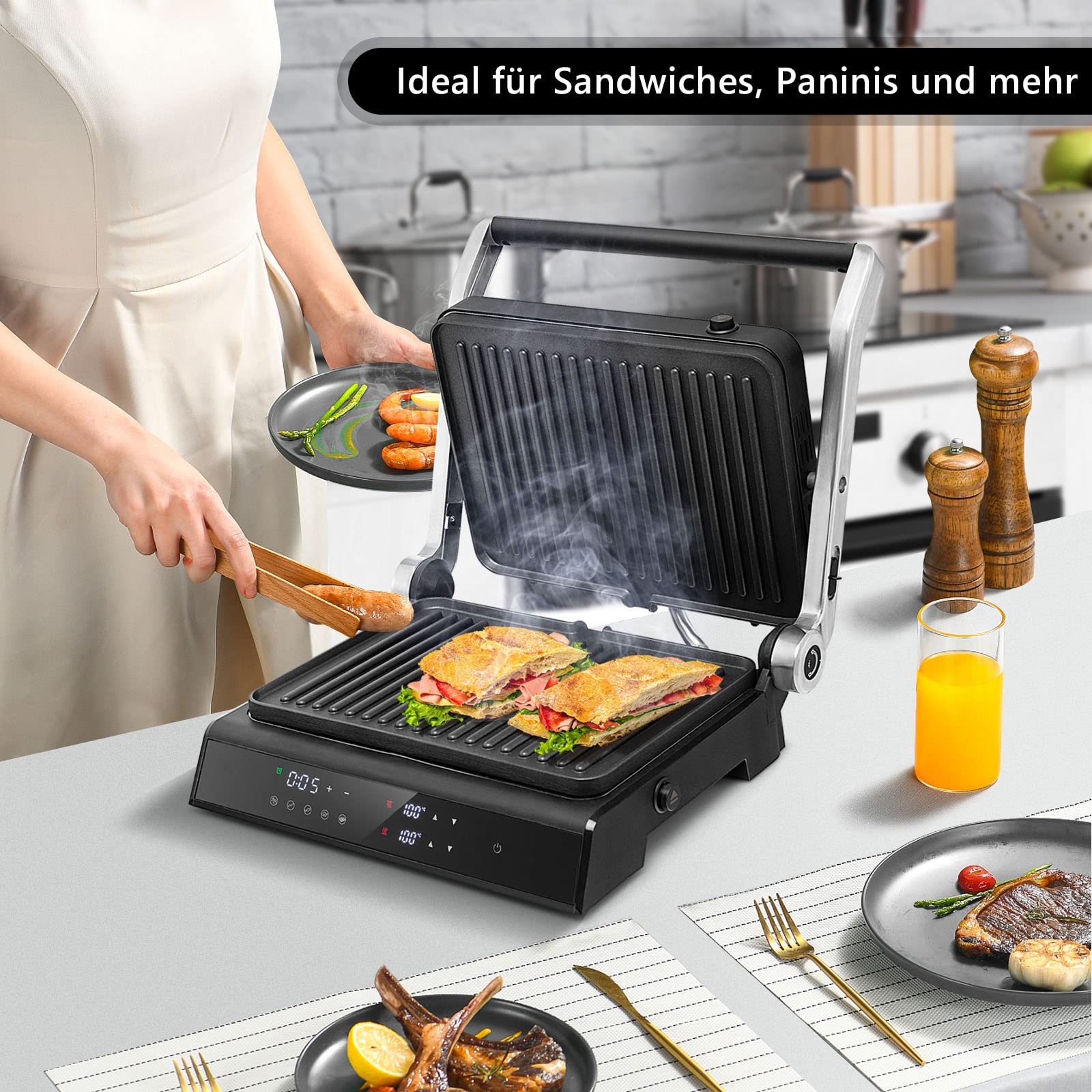COSTWAY Sandwichmaker 3 in 1, 1800W Kontaktgrill, Waffeleisen, 2 abnehmbare Antihaftplatten, Unabhängige&Exakte Temperatureinstellung, 90℃-230℃, Reinigungsfreundliches Zubehör, Edelstahl, Alu, Teflon