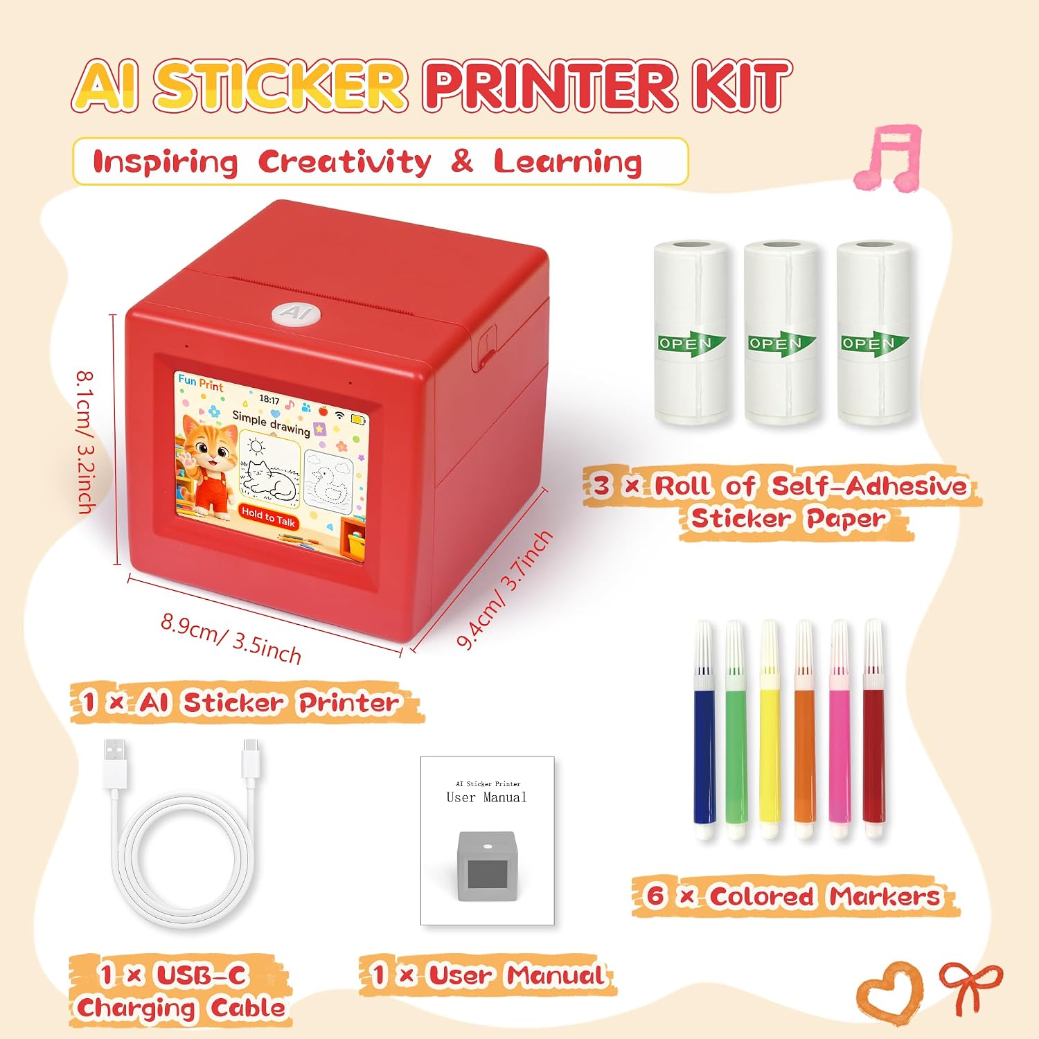 Smart AI Voice Sticker Maker Machine for Kids, Red