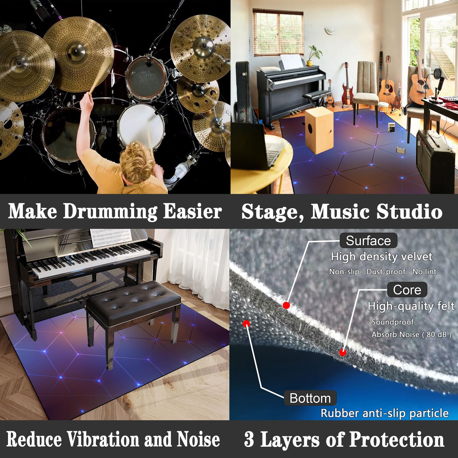 Tappeto professionale antiscivolo insonorizzato per kit jazz elettronici, 210 x 180 cm, ideale per musicisti e studi