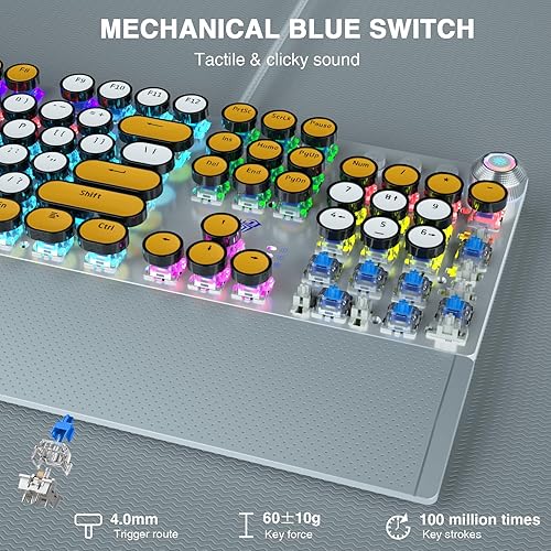 Miniatura 4 de AULA F2088 - Teclado mecánico estilo máquina de escribir, retroiluminación LED arcoíris, interruptores azules clicky, reposamuñecas extraíble,