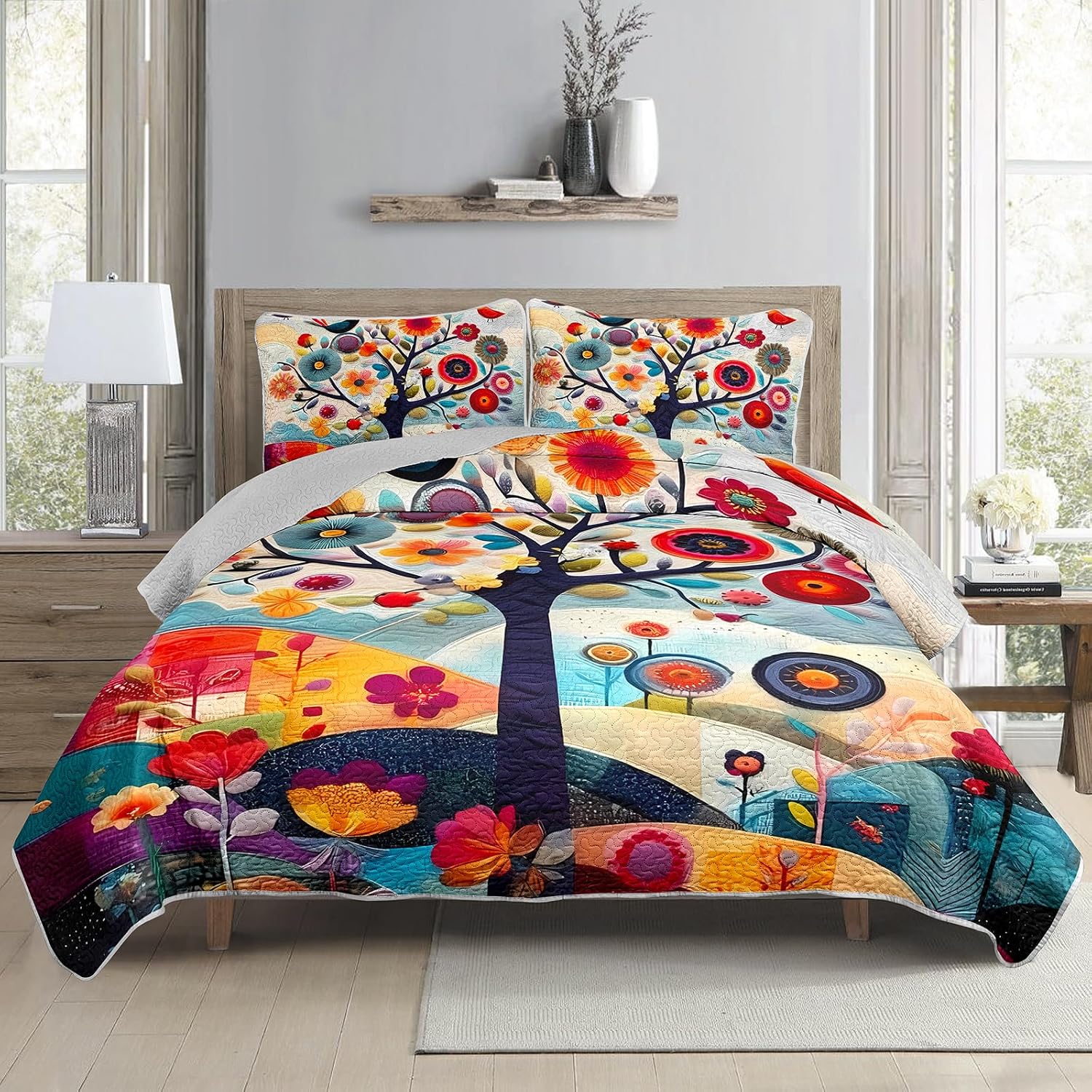 AILONEN Tree of Life Quilt Set Full Size,Colorful Botanical Floral Bedspread Coverlet for Boys Girls,Nature Tree of Life Abstract Painting Quilt & 2 Pillowcases,3-Piece