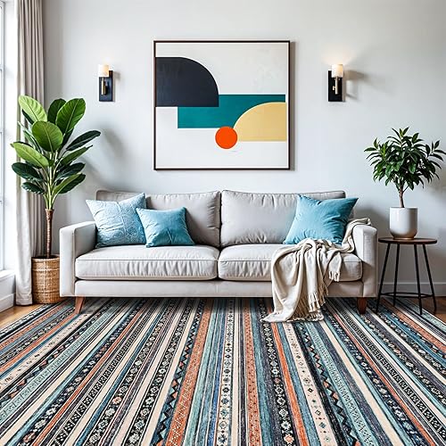 9x12 Area Rugs Living Room, Large Washable Rug for Bedroom Ultra Thin Moroccan Rug with Non Slip Rubber Backing Stain Resistant Soft Low Pile Indoor Carpet Dining Room Waterproof - 9x12 Blue/Multi