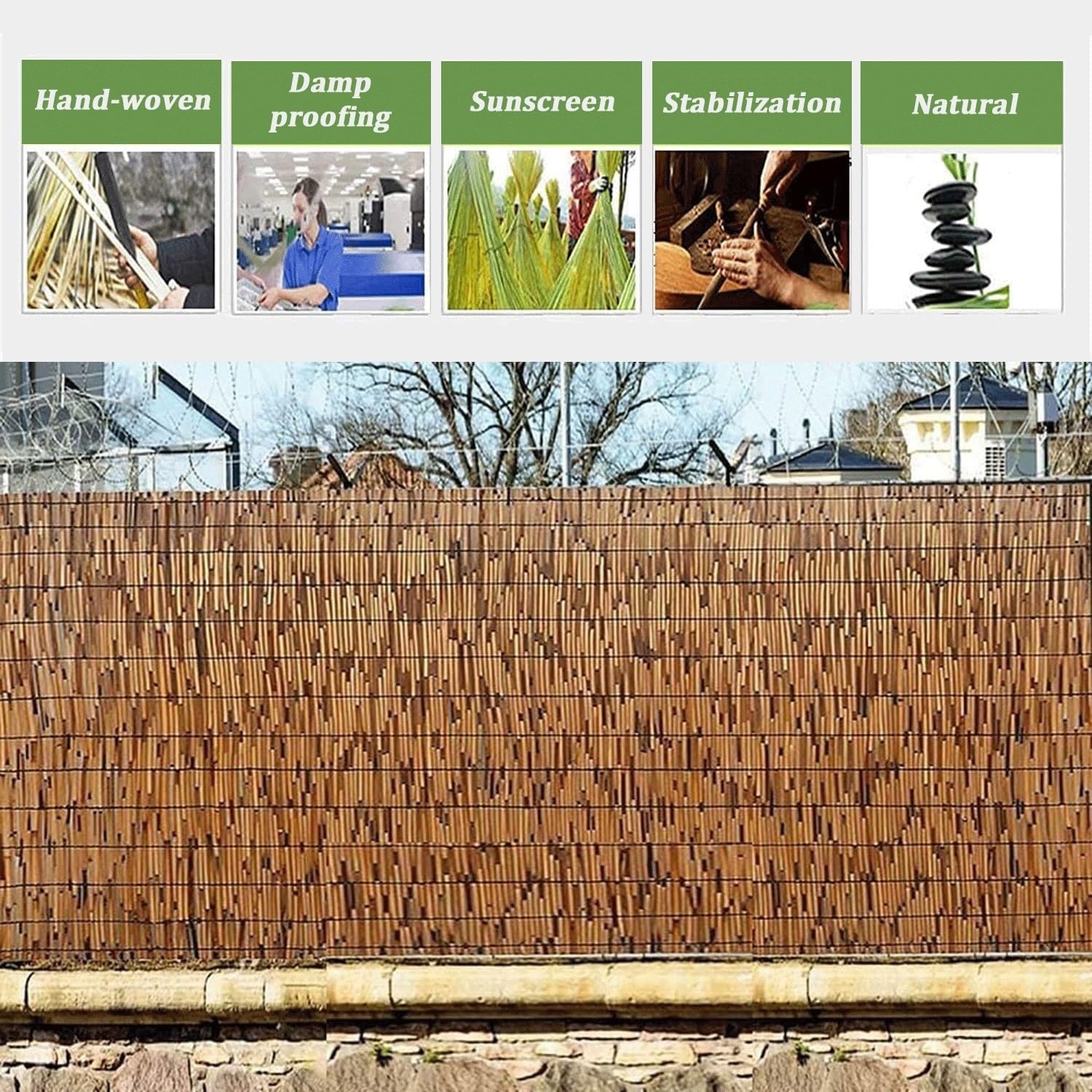 Naturalne bambusowe ogrodzenie dekoracyjne, ochrona przed wzrokiem, do użytku na zewnątrz, 152 x 400 cm, ogrodzenie ogrodowe, ogrodzenie balkonowe, stylowa dekoracja zewnętrzna