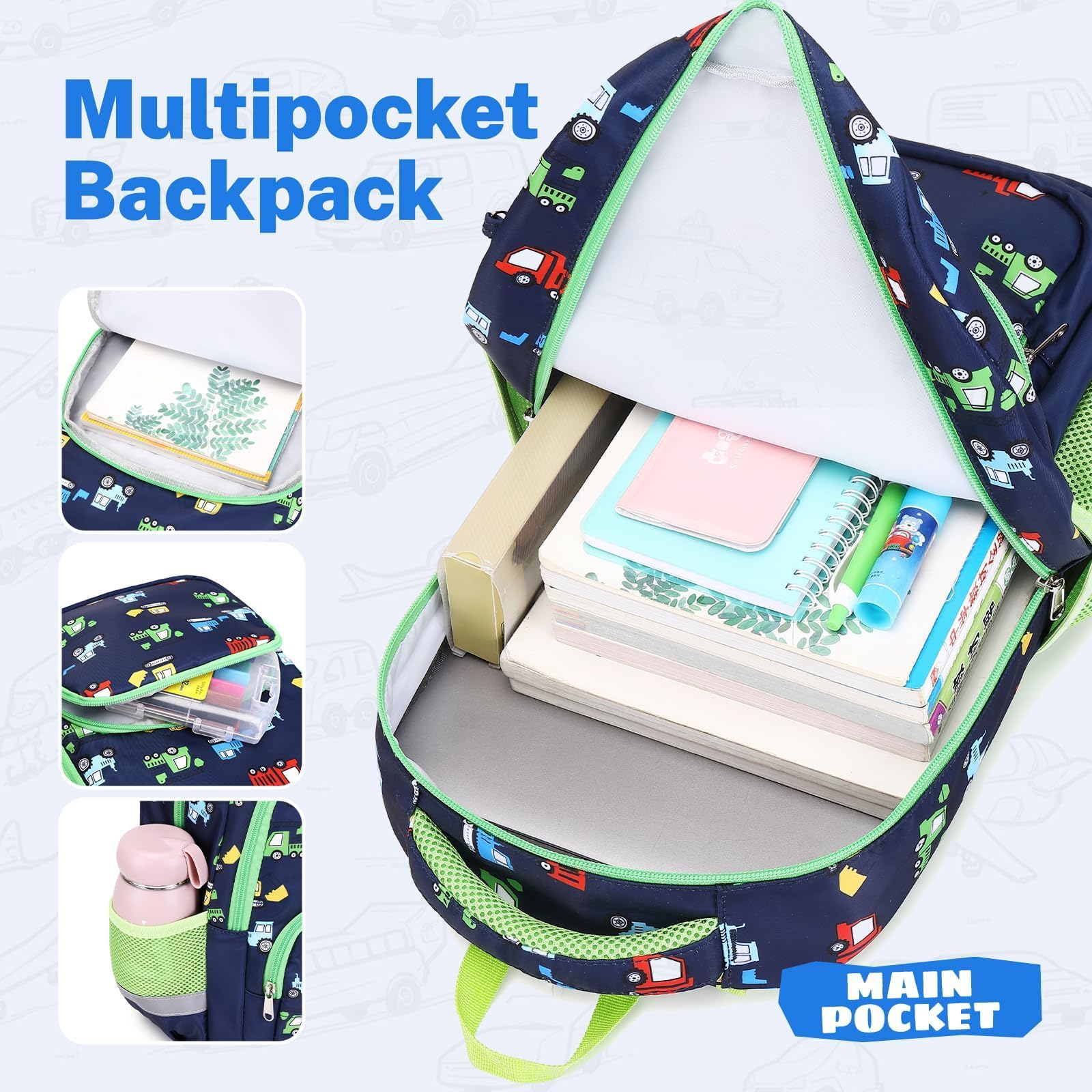 mygreen Kinder Rucksack Set, 3-in-1 Schulrucksack mit Lunchbox & Federmäppchen für Jungen Mädchen, Leicht Langlebig für Kita, Picknick, Outdoor-Reisen, Schwarze Dinosaurier