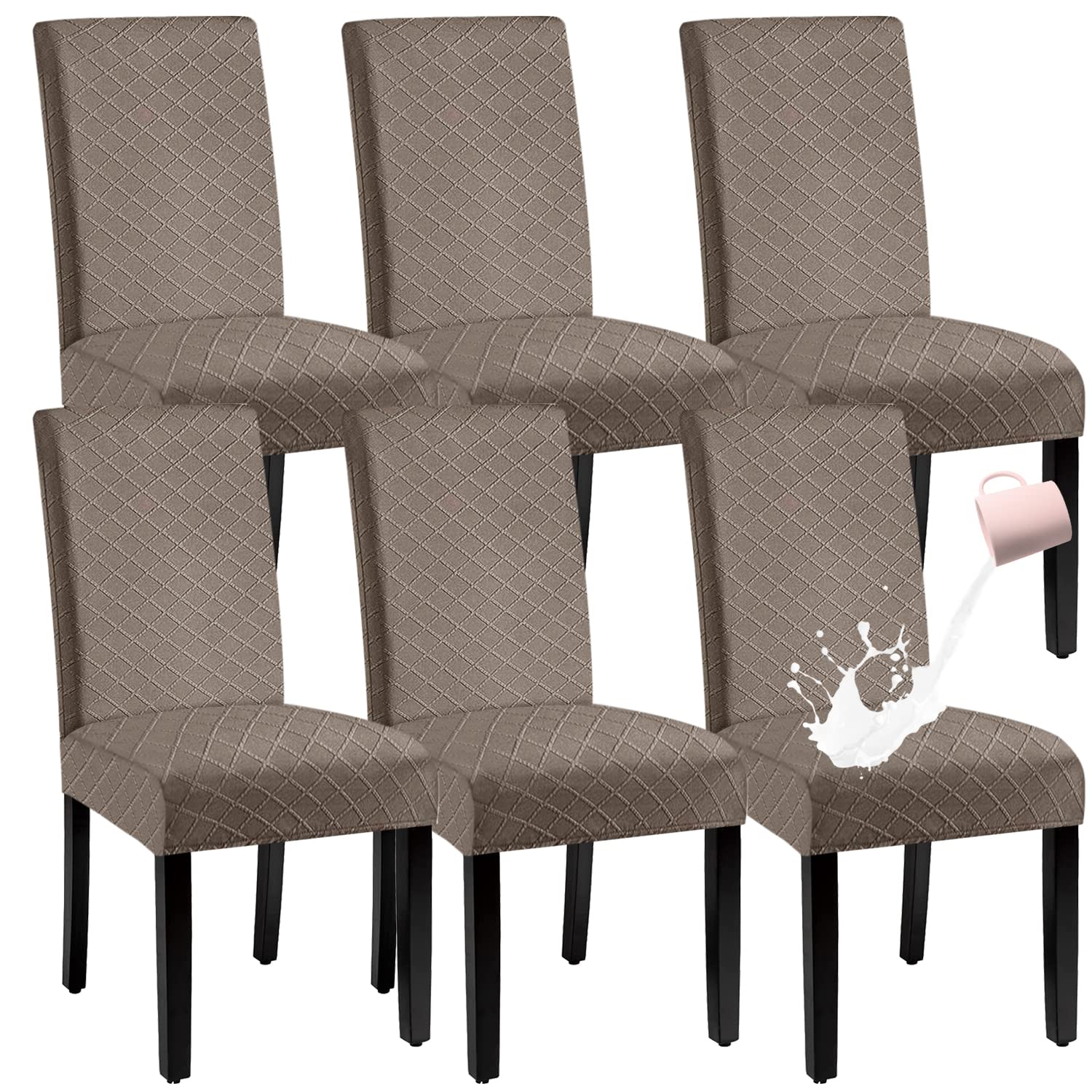 BOGUANG Waterproof Dining Chair Cover,Spandex Fabric Fit Stretch Chair Slipcover,Removable Washable Jacquard Parsons Chair Covers (Taupe,Set of 6)