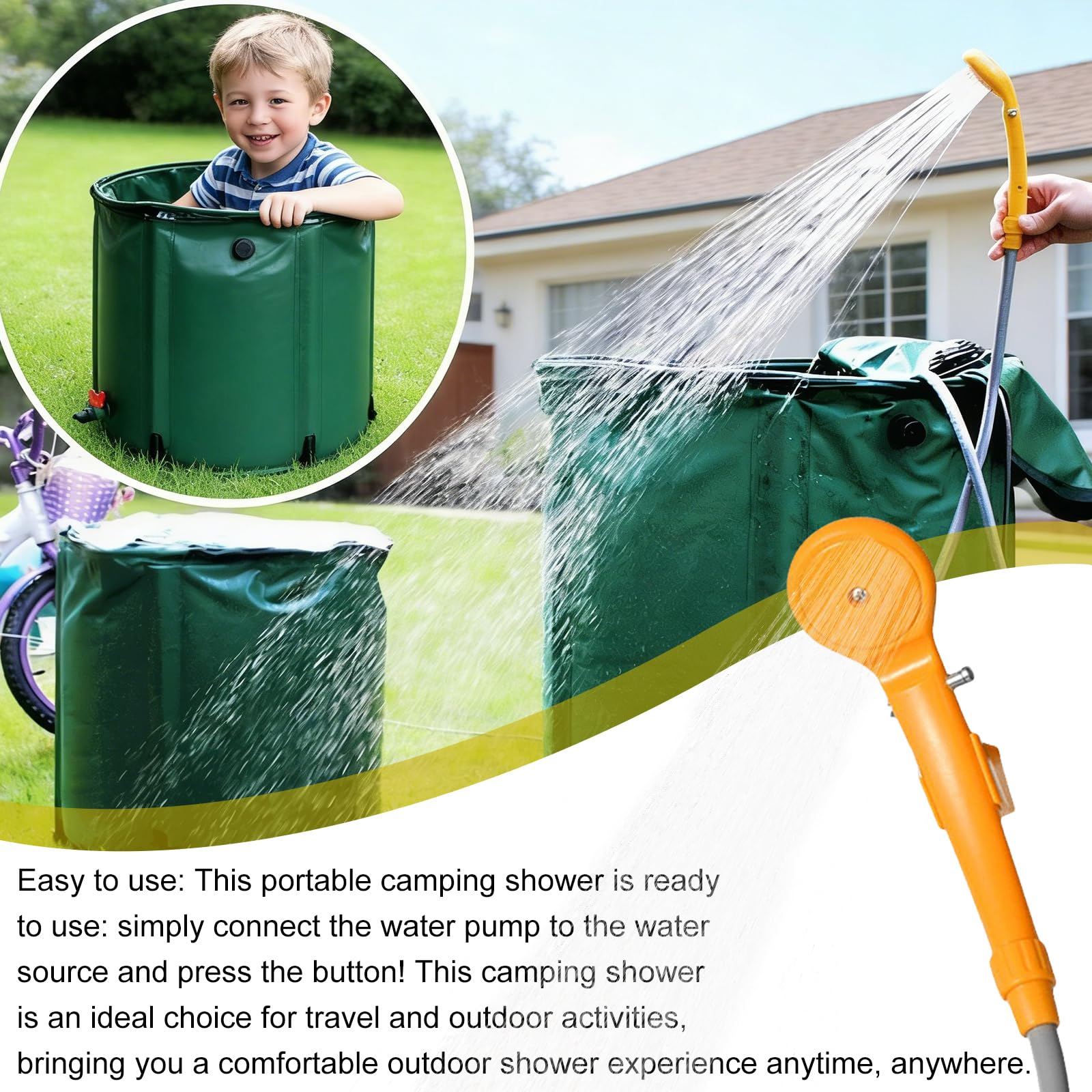 Doccia portatile da campeggio, 12 V, per campeggio, presa accendisigari, per esterni, con pompa a immersione e soffione, doccia per esterni, per auto, roulotte, camper