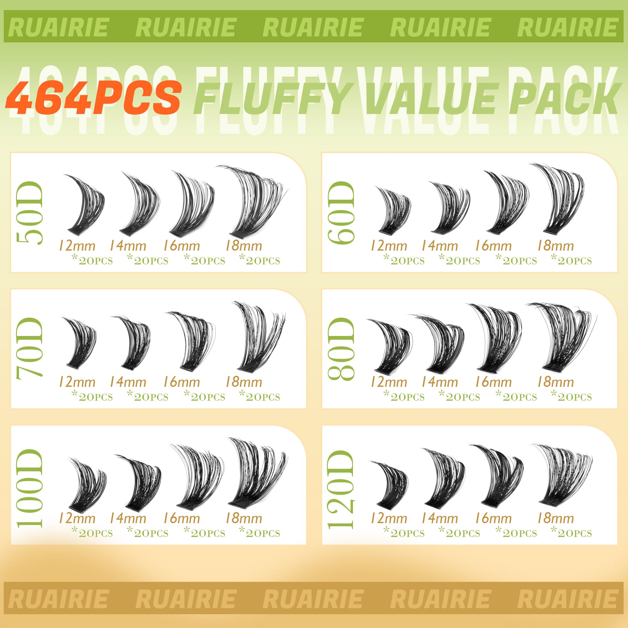 Ruairie Fluffy Cluster Lashes D Curl Volume Individual Eyelashes Clusters 50D-60D-70D-80D-100D-120D Wispy Lashes Individual Cluster 464pcs 12-18MM Lash Clusters - Image 3