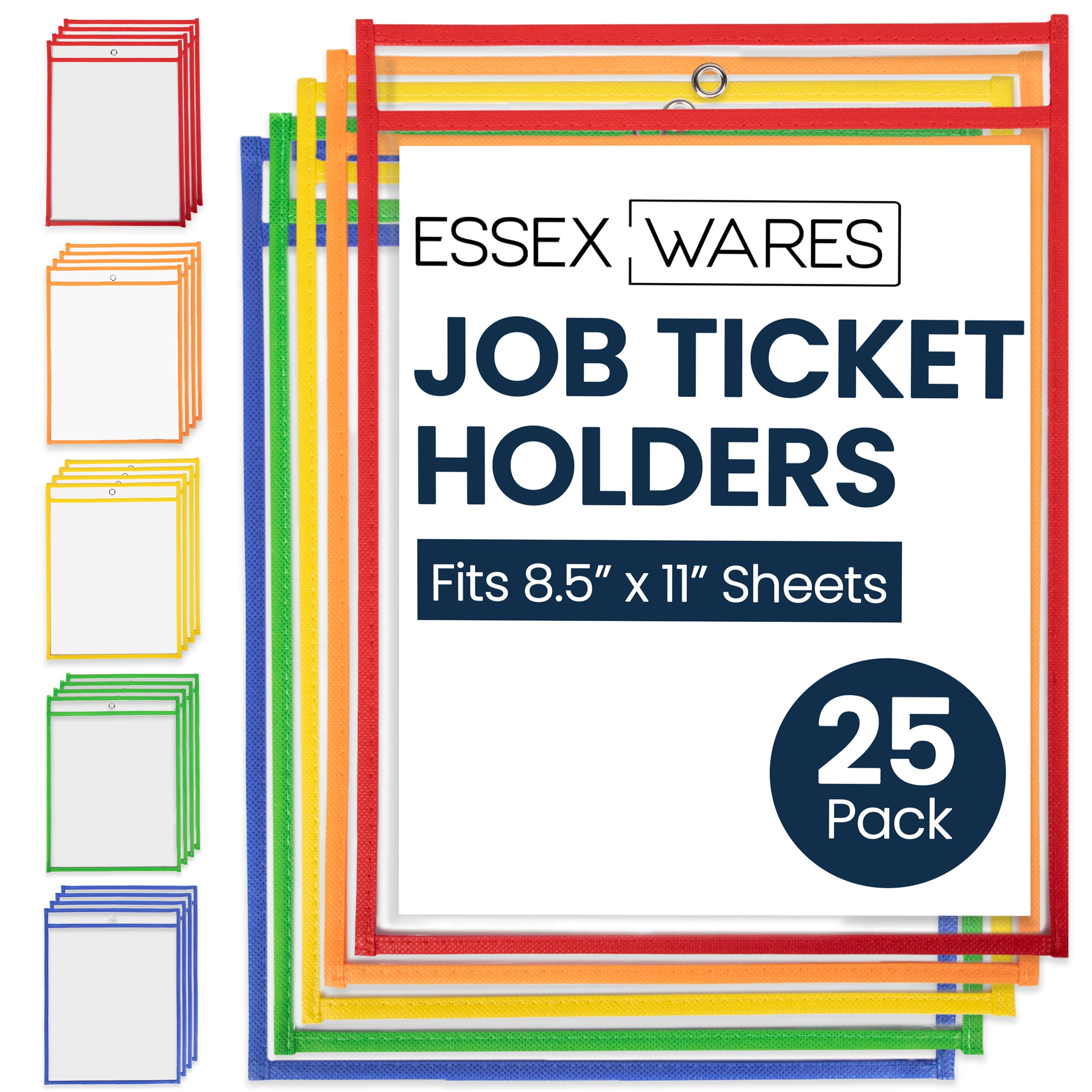 Essex Wares - 25 Pack, Assorted, Job Ticket Holders, 10" Wide x 13.5" Tall - Clear Plastic Shop Ticket Holders - Easy to Use, Reusable & Easy Erase