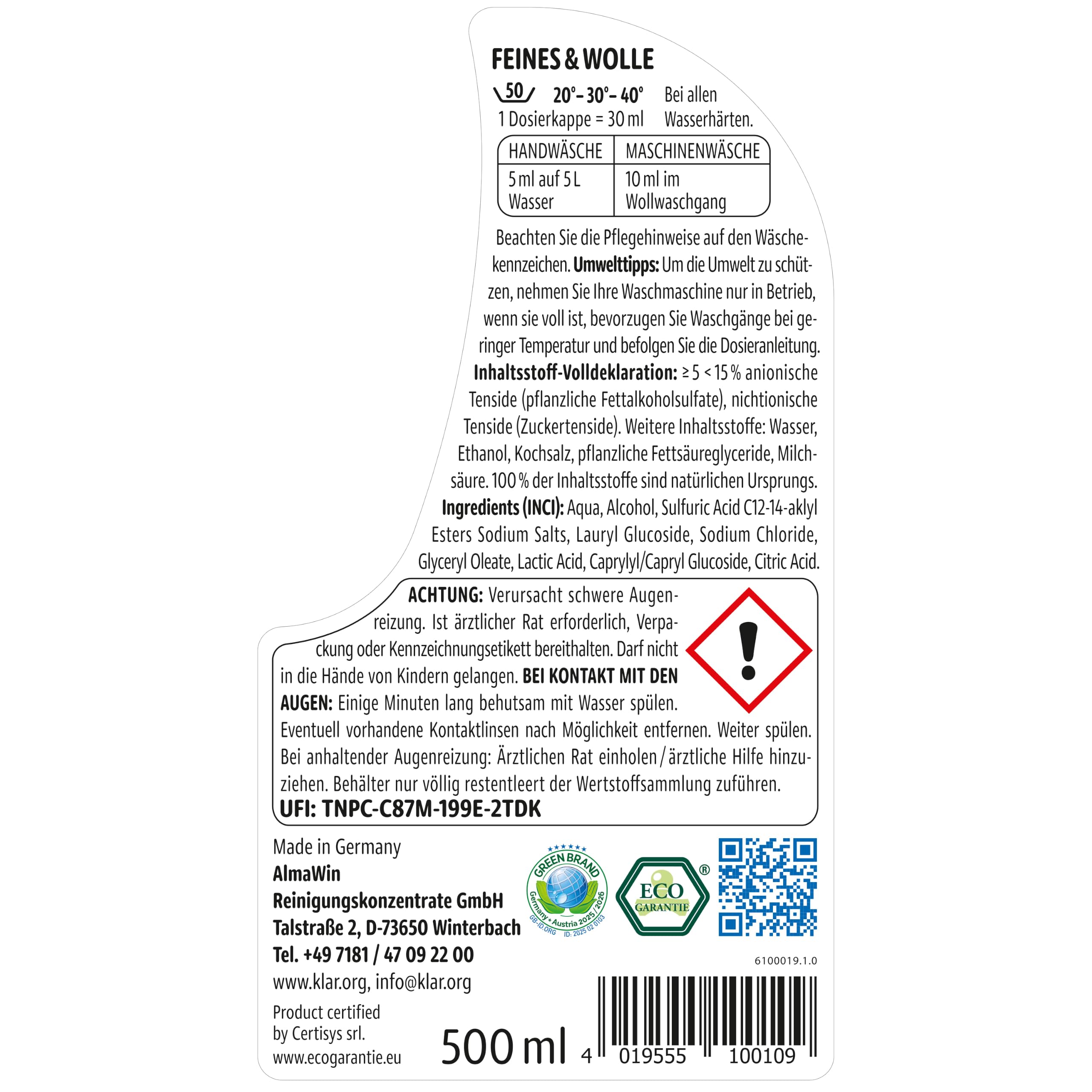 Klar EcoSensitive Waschmittel Feines & Wolle SENSITIV, 12x 500ml - Ohne Duft