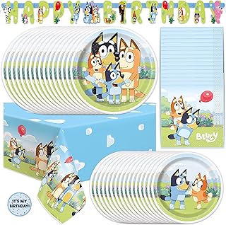 Unique Bluey Birthday Party Supplies | Serves 16 Guests | Bluey Party Supplies | Bluey Party Decorations | Banner, Table Cloth, Dinner & Cake Plates, Napkins, Sticker | Officially Licensed
