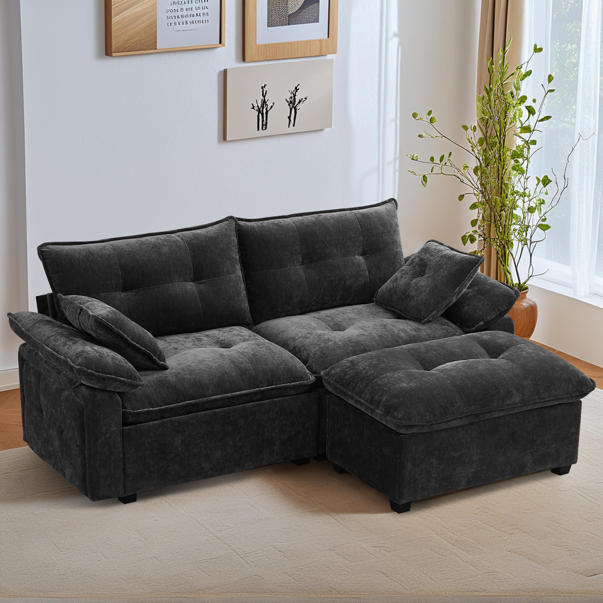 LURVIA Modular Loveseat Sofa with Ottoman, 81.5'' Deep Seat 2-Seater Chenille Couch, Comfy L Shaped Convertible Small Sofa for Apartment, Living Room,