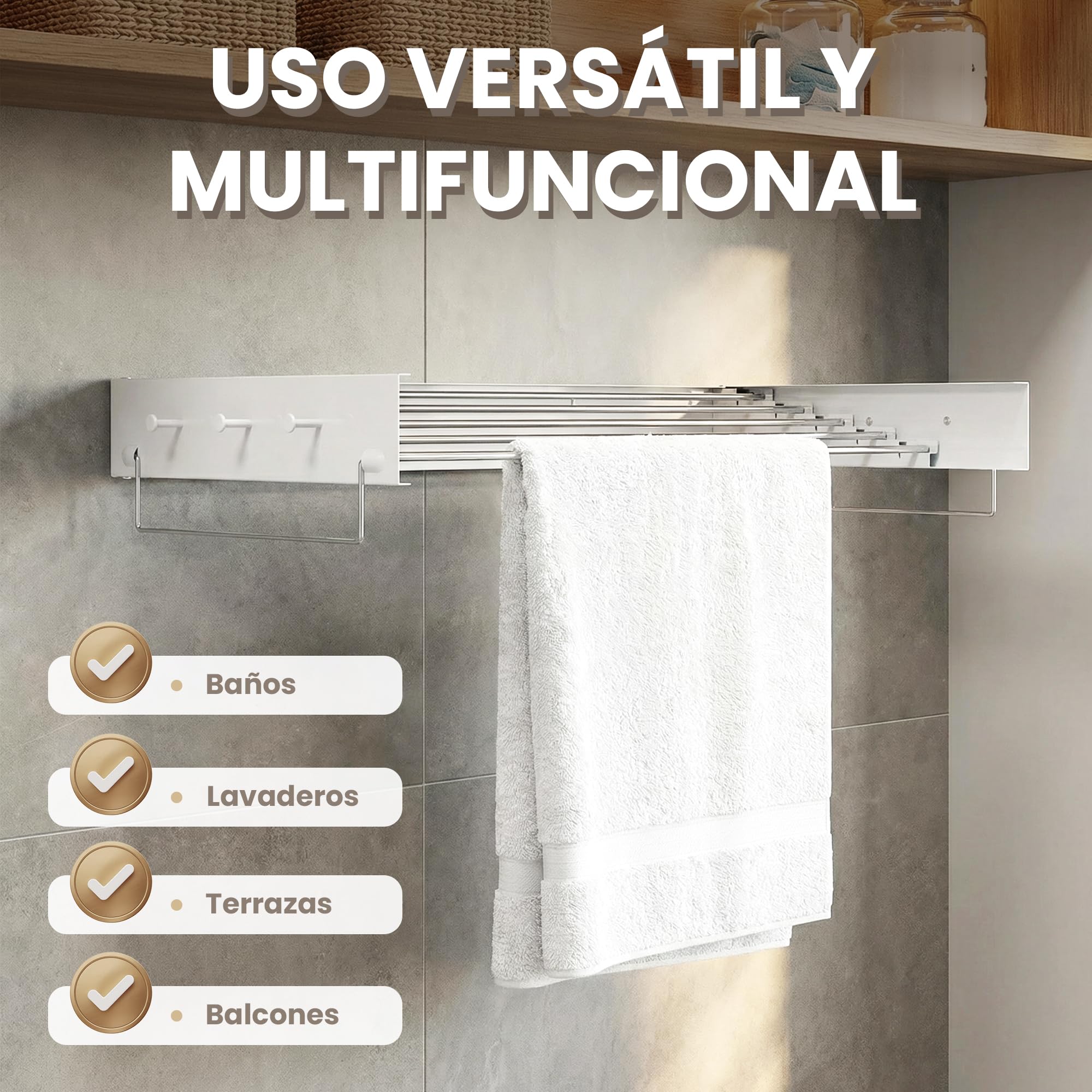 Tendedero Pared Plegable Extensible 100 Cm Aluminio Blanco Resistente Anticorrosión Para Baño Lavadero Balcón Con 5 Varillas 6 Ganchos 2 Soportes Colgantes Ahorra Espacio Secado Eficiente (grande)