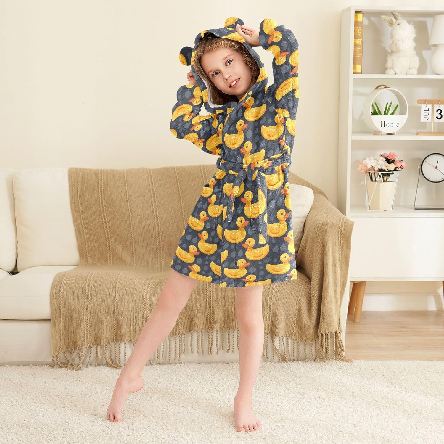senya Cute Rubber Yellow Duck A Toddler Hooded Bathrobe Kids Soft Plush Bath Towel Robes for Boys Girls 2-12 Years