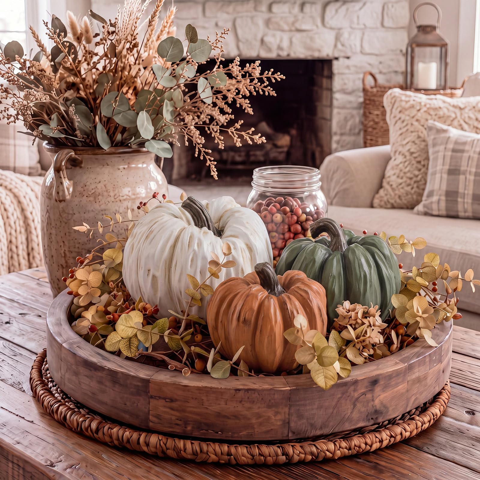 Gerrii Lot de 3 citrouilles d'automne neutres en résine rustiques modernes pour décoration de maison de Thanksgiving, centres de table d'Action de grâce, blanc, vert, orange, imitation citrouille