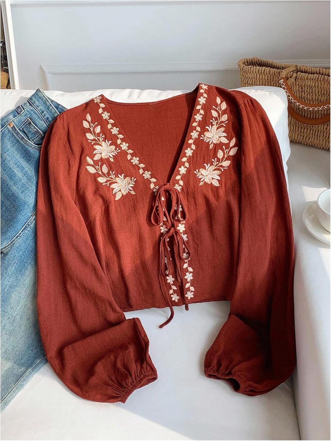 GORGLITTER Women's Floral Embroidered Tie Front Crop Top Boho Linen V Neck Lantern Sleeve Blouse Country Concert Outfits - Image 5