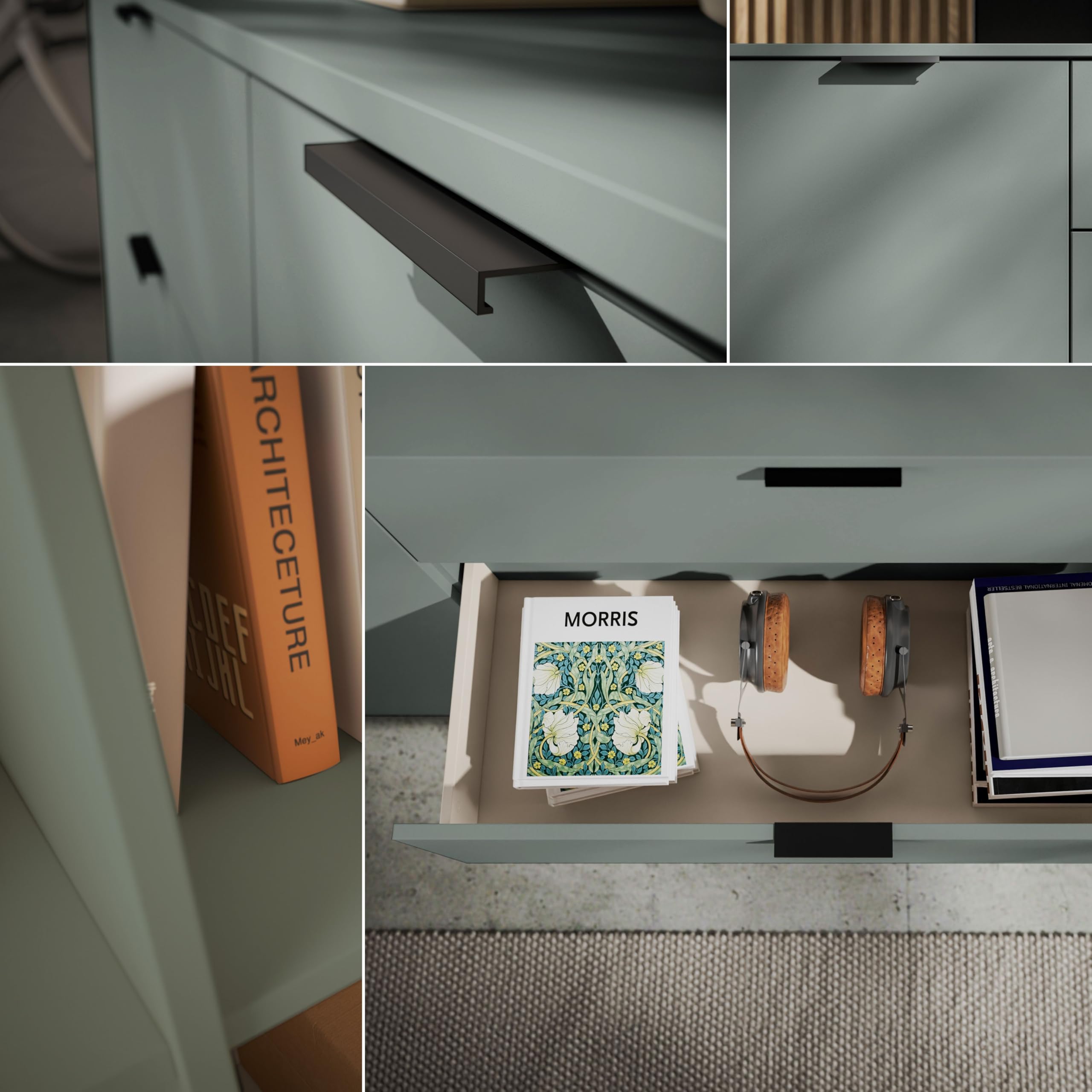 LINZ Meuble TV Bas, Couleur Sauge, Meuble TV Moderne, avec tiroirs et Beaucoup d'espace de Rangement, 180 x 47 x 40 cm (l x H x P)
