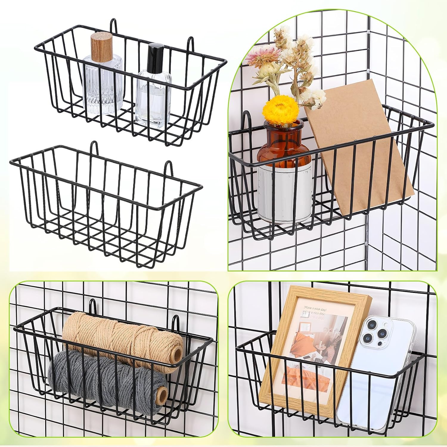 10 PCS Hanging Wire Baskets for Organizing - Hanging Metal Basket Storage with Wall Grid Panel, Rust-Resistant Iron for Kitchen Bathroom Home Decor (Black, 9x3.9x3 Inches)