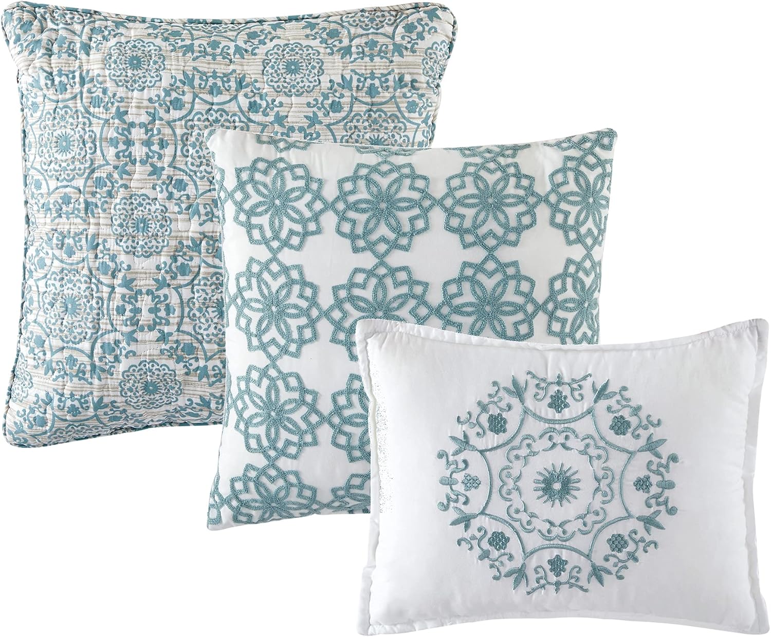 Home Soft Things 6 Piece Marina Medallion Printed Microfiber Quilts Coverlet Set Queen 90" x 90", Cameo Blue (Beige Brown Blue), Soft Lightweight Reversible Bedspread Bedding Set for All Season
