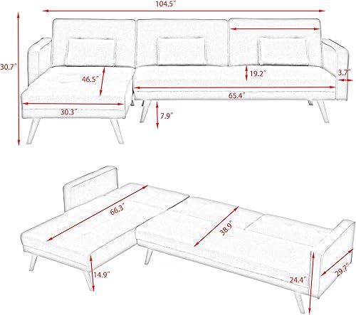 Miniatura 2 de Cama futón convertible de terciopelo, diván en forma de L, respaldo ajustable y 5 almohadas de lanzamiento, sofás modulares modernos de mediados de