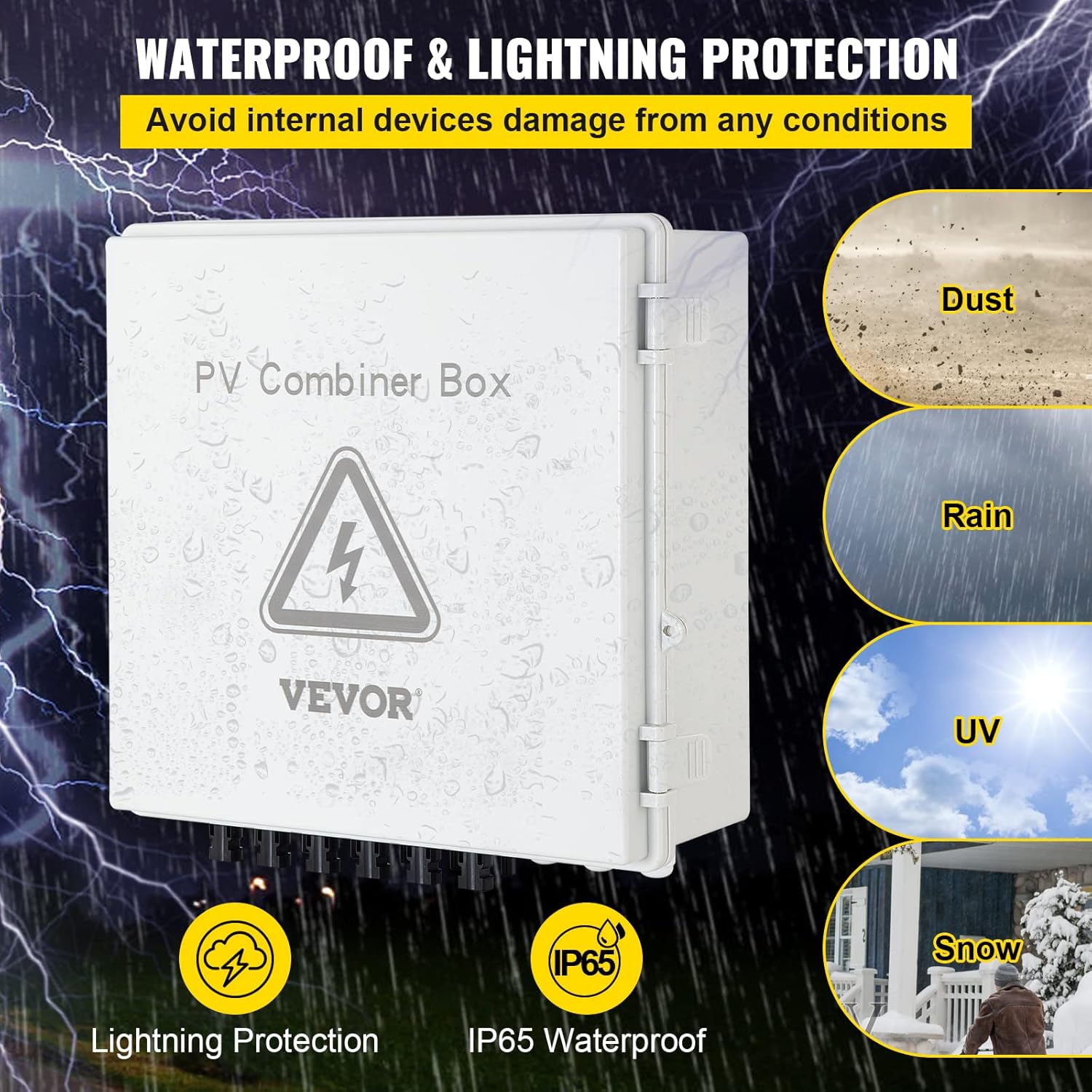 VEVOR PV Combiner Box, 6 String, Solar Combiner Box with 15A Rated Current Fuse, 125A Circuit Breaker, Lightning Arreste and Solar Connector, for On/Off Grid Solar Panel System, IP65 Waterproof : Patio, Lawn & Garden