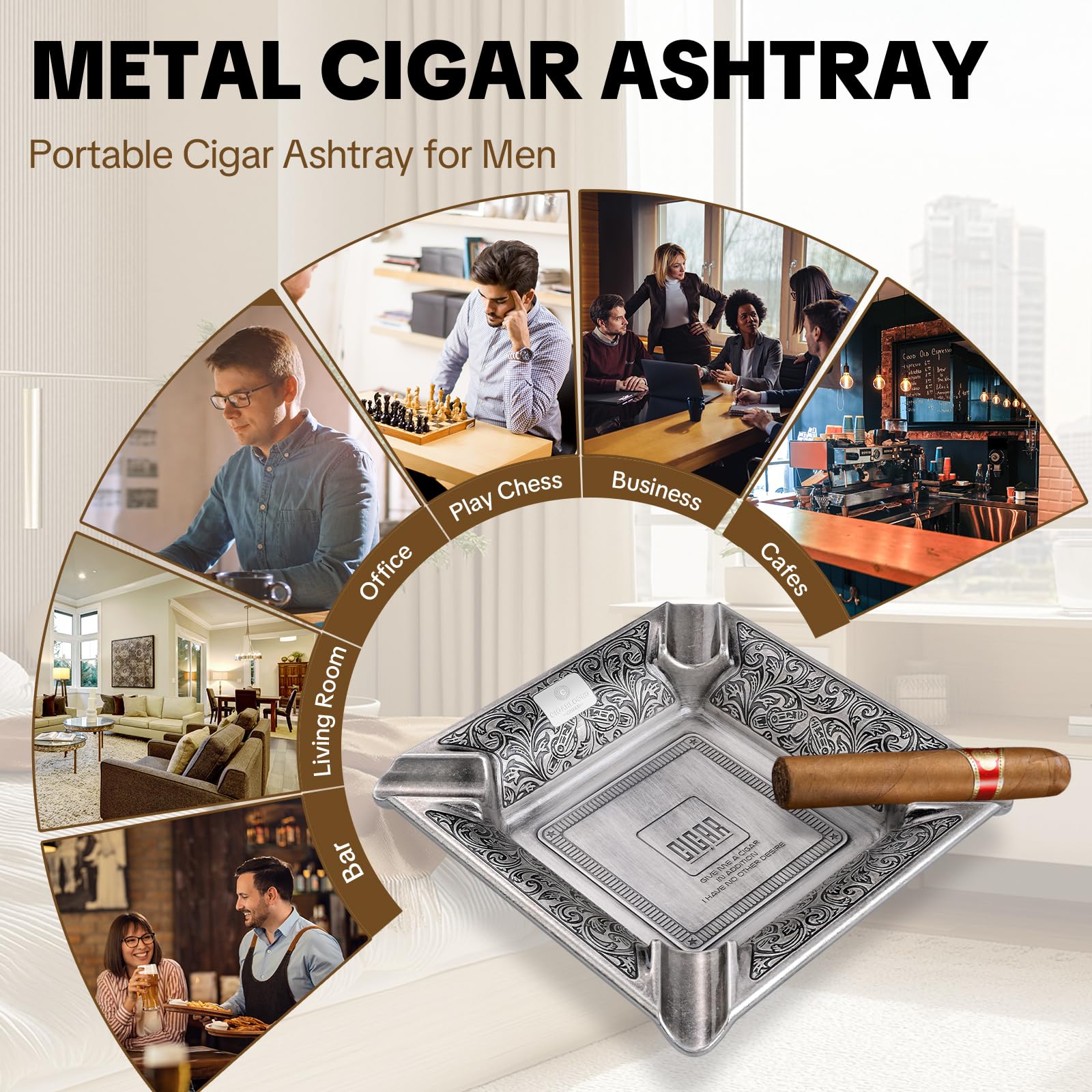 Posacenere per sigari in acciaio inox, grande posacenere per sigarette con 4 fessure, posacenere per sigari da uomo, per interni, esterni, patio, casa, viaggi, ufficio, regali per uomini (argento)