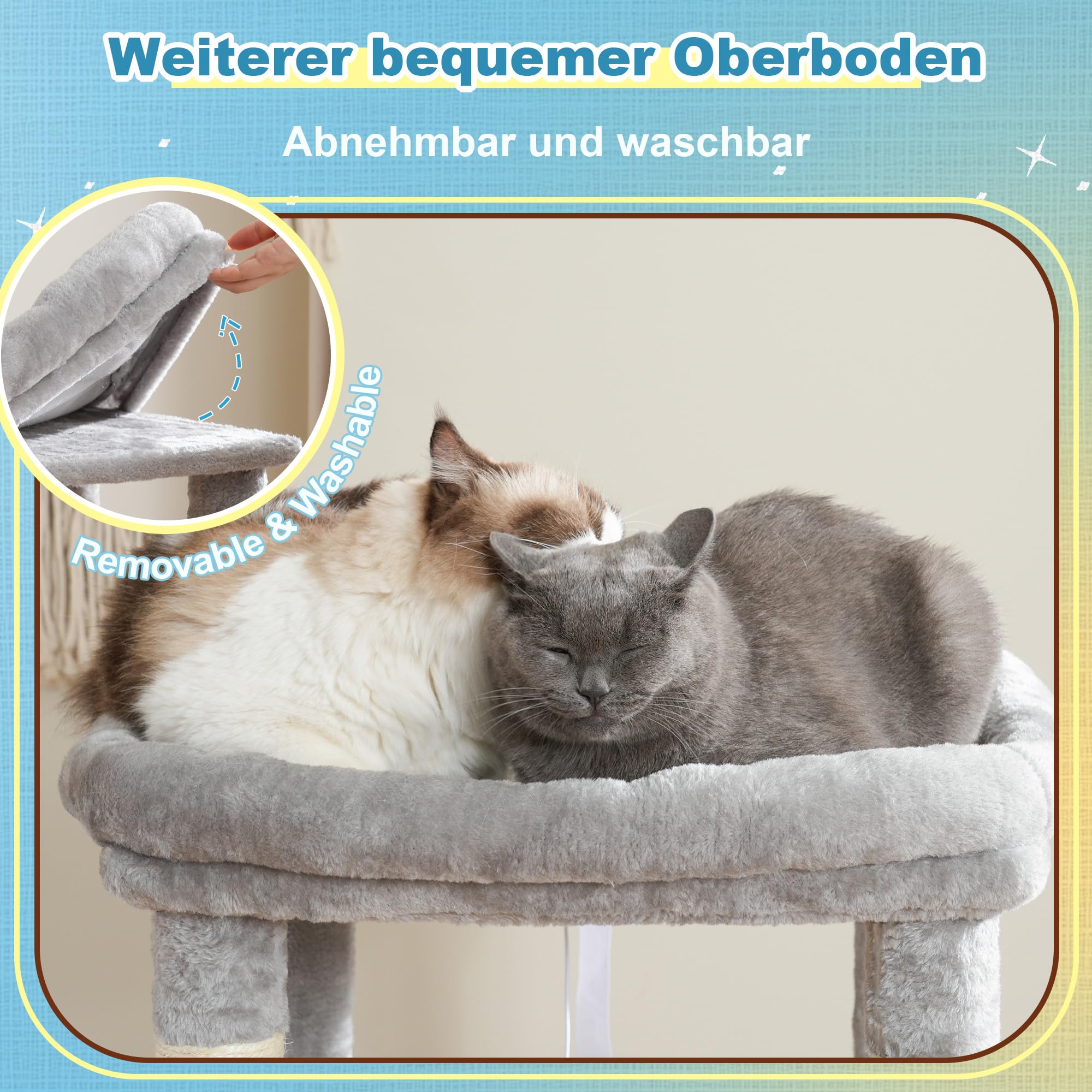 Hey-brother Kratzbaum, Katzenbaum mit Grosse Plattformen für Großkatze, 127 cm hoch, Treppenstruktur, Katzenkratzbaum mit 2 höhlen, geräumiger Hängematte, Sisalkratzbrett und Korb, Hellgrau MPJ071W