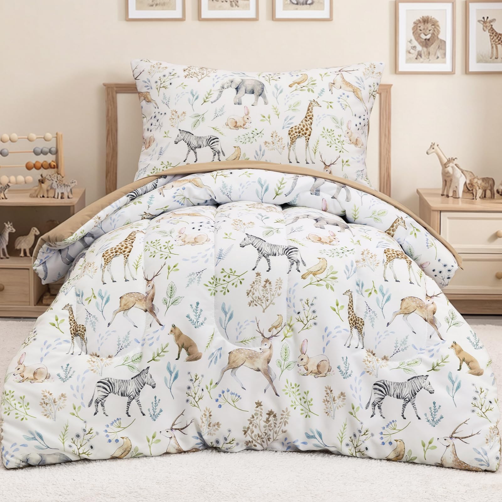 phf 4 piece toddler bedding set, ultra soft toddler comforter sets include comforter, fitted sheet, flat top sheet and pillowcase in a bag for baby bedroom, animal