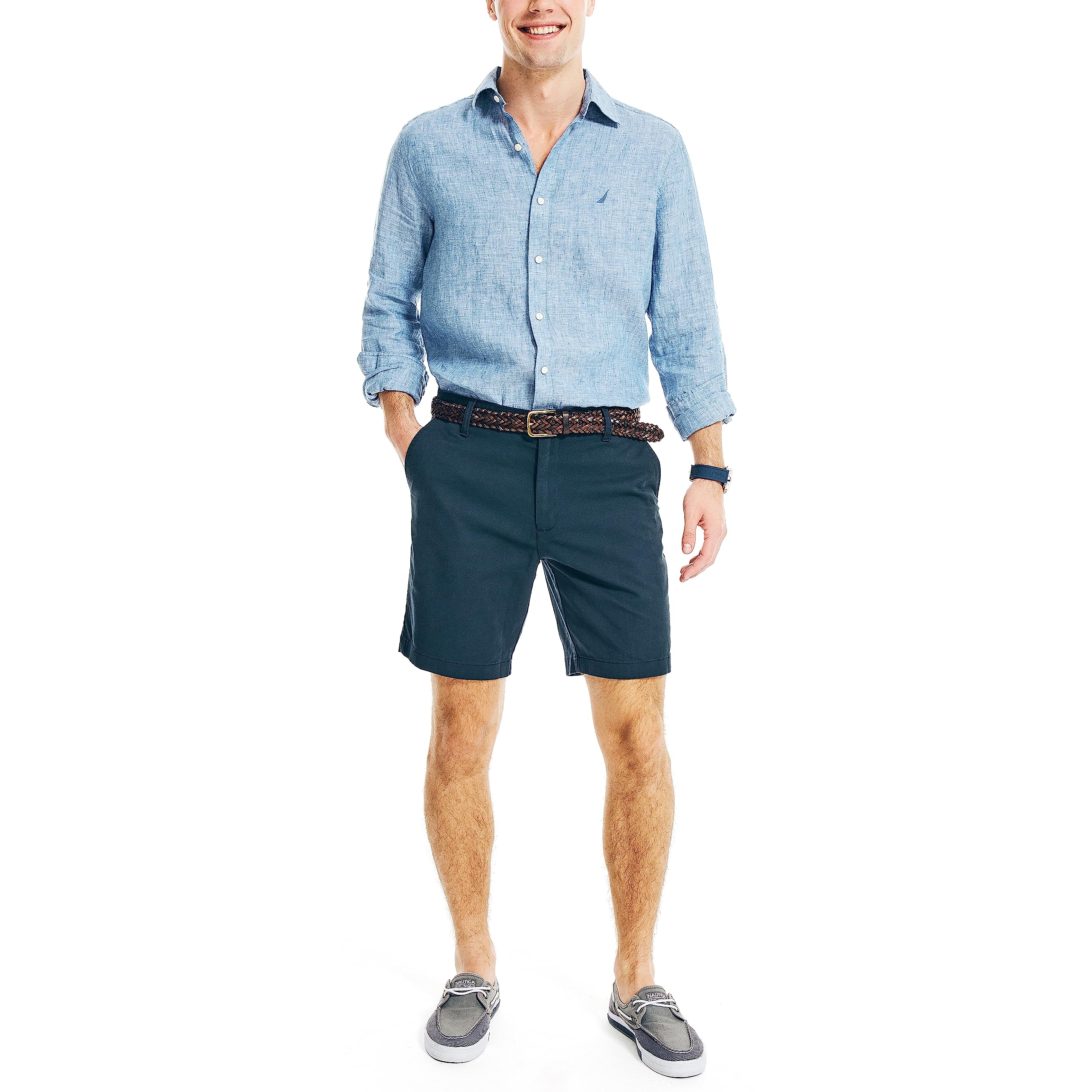 Nautica Classic Fit Flat Front Stretch Solid Chino 8.5" Deck Shorts - Pantalones Cortos Deportivos Hombre