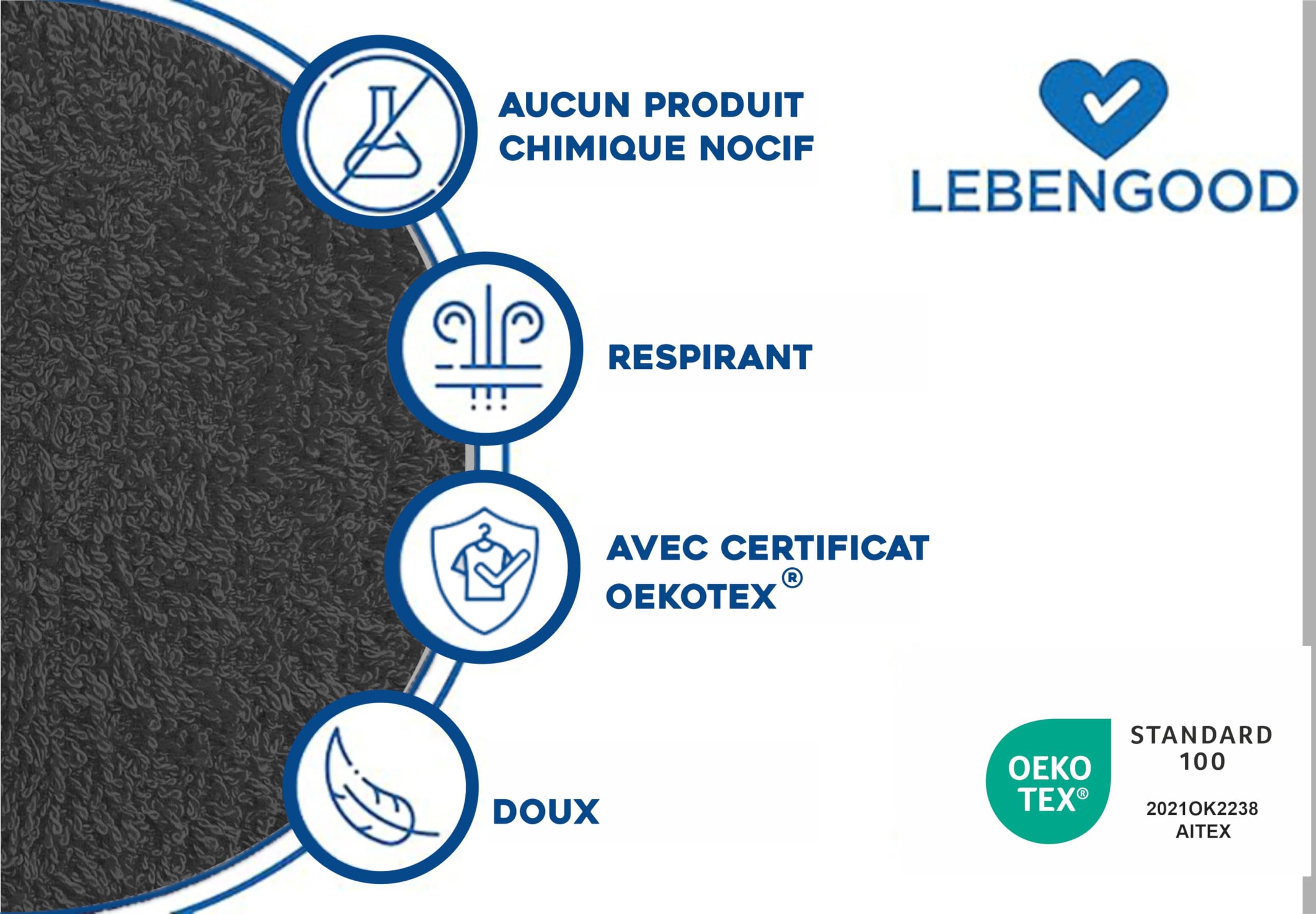 LEBENGOOD Peignoir pour femme 100% coton éponge américain 450 g/m² doux absorbant unisexe OEKO-TEX vec ceinture, poches, douche, peignoir doux, serviett