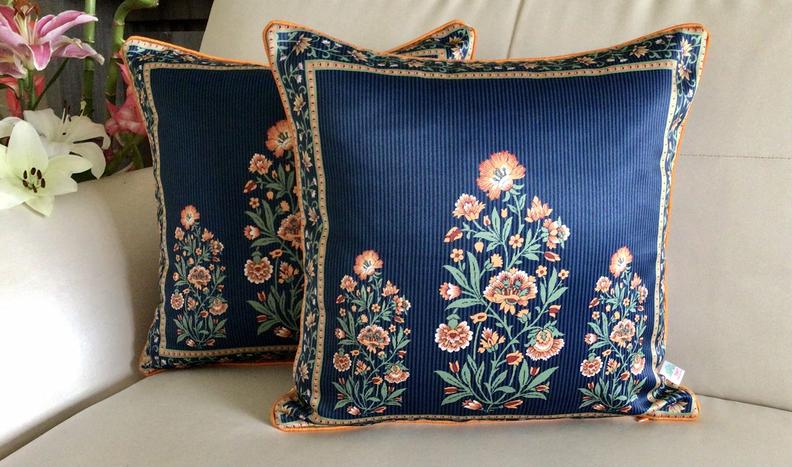 TARA Sparkling Homes Polycotton Reversible Printed Cushion Covers - 'Bagh- E- Firdaus' From 'Baghs Of Gulmarg' Collection -16 X 16 Inches Set Of 2 (Teal & Marigold Orange), 300 TC-picture-12