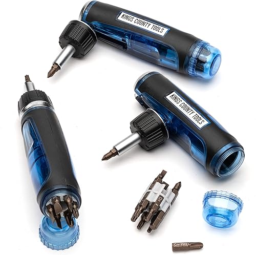 Kings County Tools Destornillador de trinquete multiusos | 3 posiciones de mango ajustables | Mango ergonómico y de agarre seguro | 13 puntas de