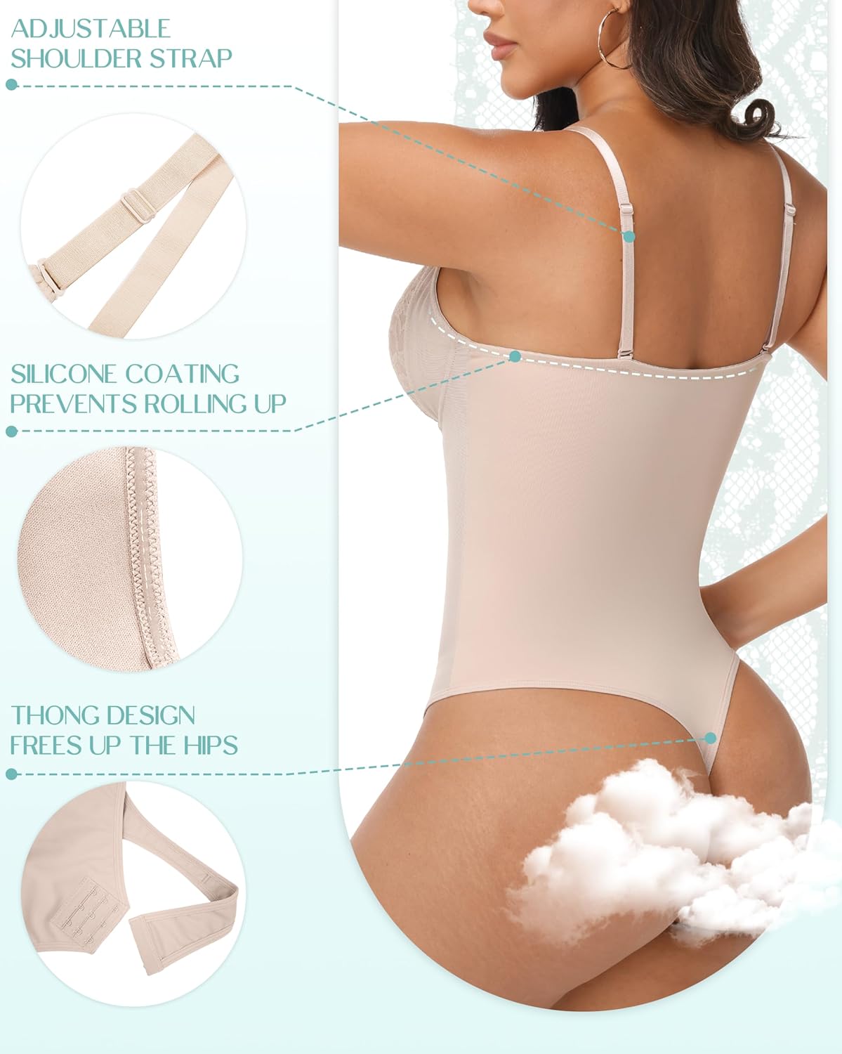 SHAPSHE Lace Shapewear Bodysuit with Built in Bra V Neck Mesh Tummy Control Thong body shaper for Women