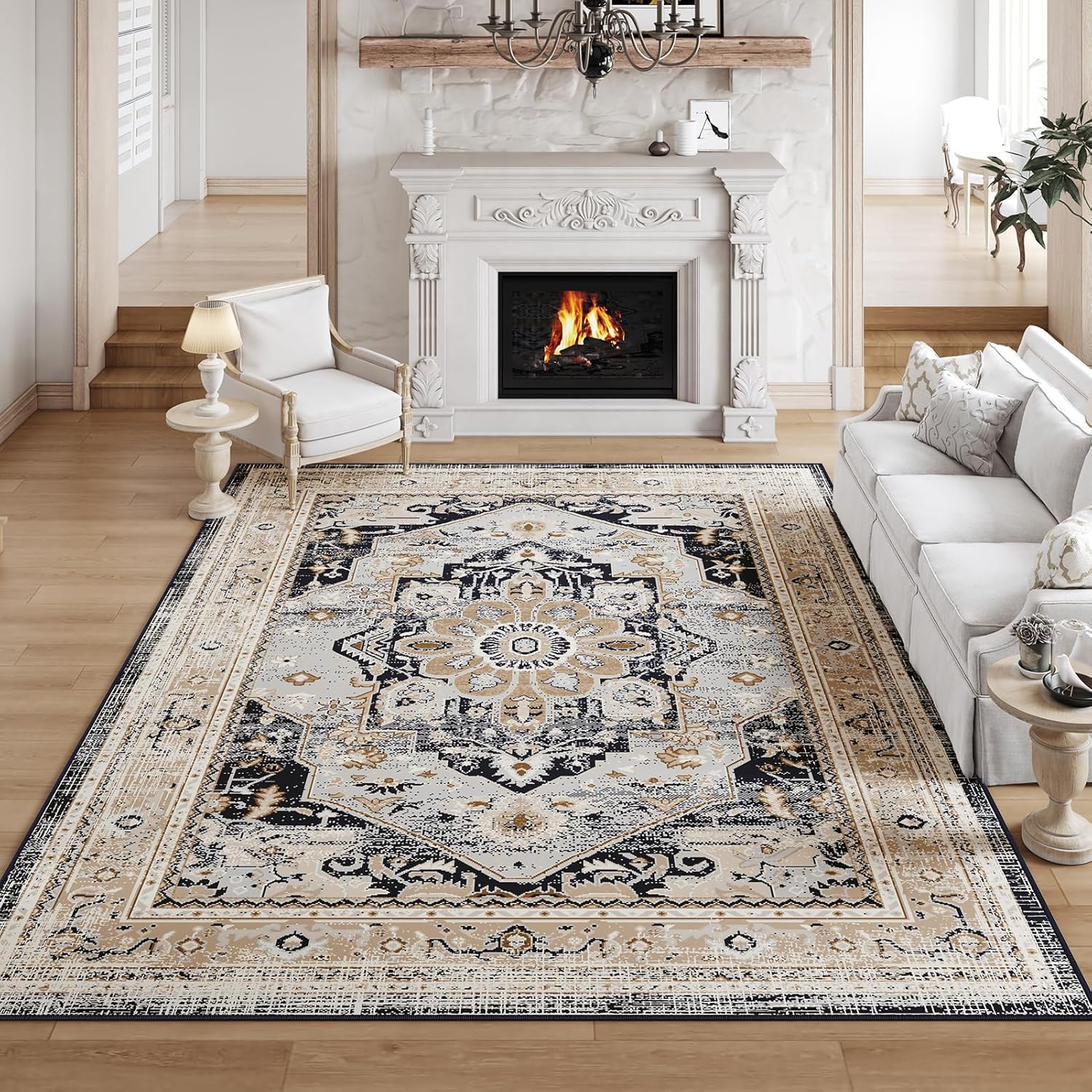 VK VK·LIVING Machine Washable Rug 9'x12' Vintage Design Washable Area Rugs with Non Slip Rugs for Living Room Bedroom Traditional Woven Rug Carprt Stain Resistant, Dining Office Boho Rug, Brown&Black 9' x 12' (Rectangular) Tpe06-brown