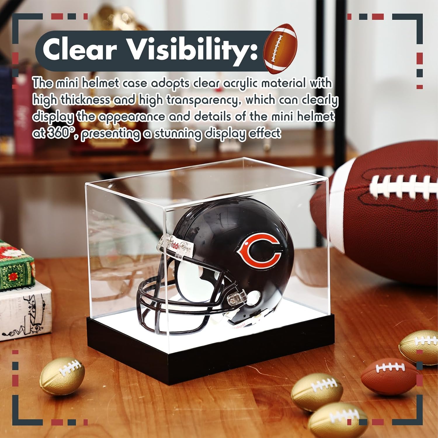Chunful Acrylic Mini Helmet Display Case with LED Light 7.5 Inch Clear Adjustable Brightness 1/2 Football Baseball Helmet Showcase One-Piece Without Assembly UV Protection Gift for Sports Enthusiast