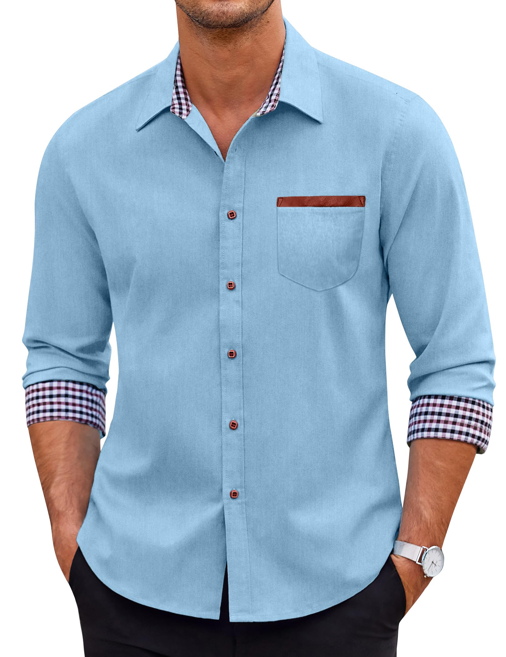 Men's Long Sleeve Casual Button Down Shirts Untucked Shirts Plaid Collar Vintage Denim Shirt