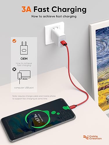 Miniatura 3 de CableCreation Cable corto USB a USB C de 2 pies, cable rojo USB A a USB C, cable de carga rápida trenzado USB C macho a USB macho para banco de