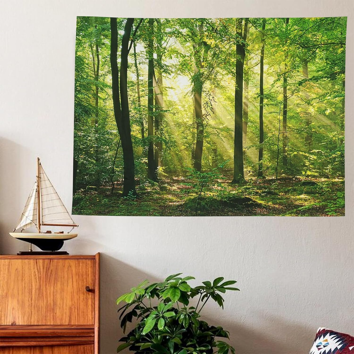 TUGCAY Tyndall Effect Forest Tapestry Sunlight Trees Tapestry Green Nature Landscape Scenery Wall Hanging Tapestries Decor for Bedroom Living Room (90.6'' x 70.9'')