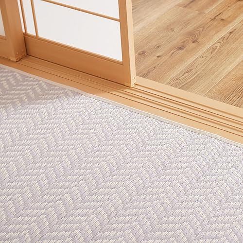 萩原 洗える い草風カーペット 裏貼り パスラッシュ パープル 江戸間15畳 約435X528cm 上敷き ヘリンボーン風 パステルカラー 子供部屋 ペット