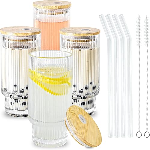 Miniatura 7 de Juego de 2 vasos de 16 onzas con tapas de bambú, popotes, cepillo, juego de cristalería para jugo, café helado, cerveza y whisky 2 clavos de 16