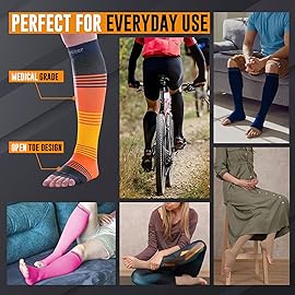 Doc Miller, Open Toe Compression Socks, 8-15 mmHg, Toeless, Support Circulation, Shin Splints, Calf Recovery, Varicose, Knee High, Medical Grade, Sun Stripes Socks, Large Size for Men & Women, Pair