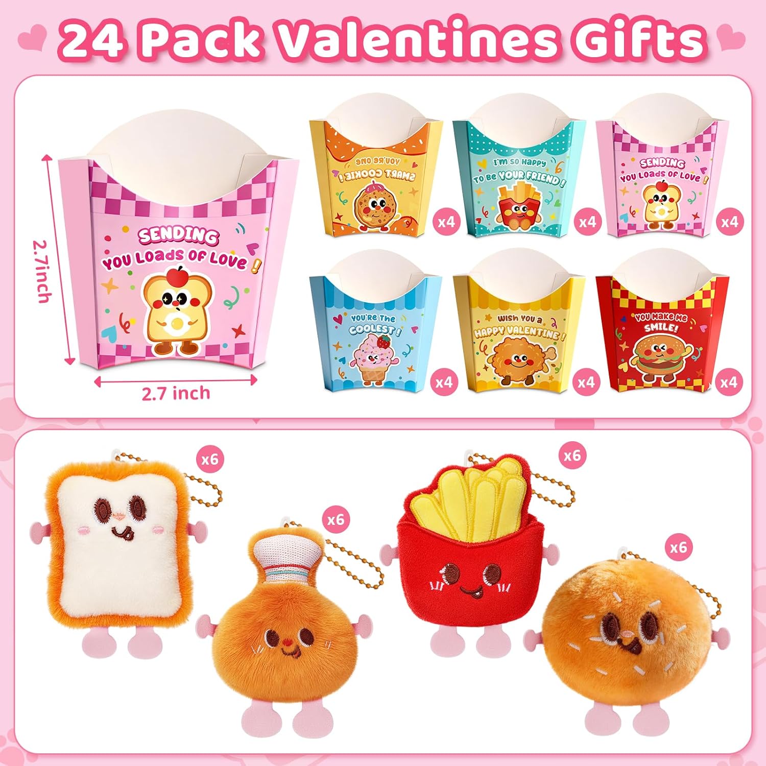 24 PACK Valentines Day Cards with Plush Keychains, Valentines Day Gifts for Kids Classroom,Kawaii Stuffed Keychain Toy for School Valentines Gifts Exchange,Valentine Party Favors Supply for Boys Girls